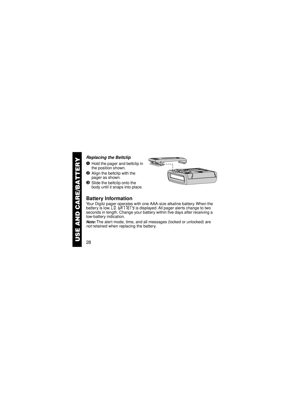 Motorola 6881029B15-A manual USE and CARE/BATTERY, Battery Information, Replacing the Beltclip 