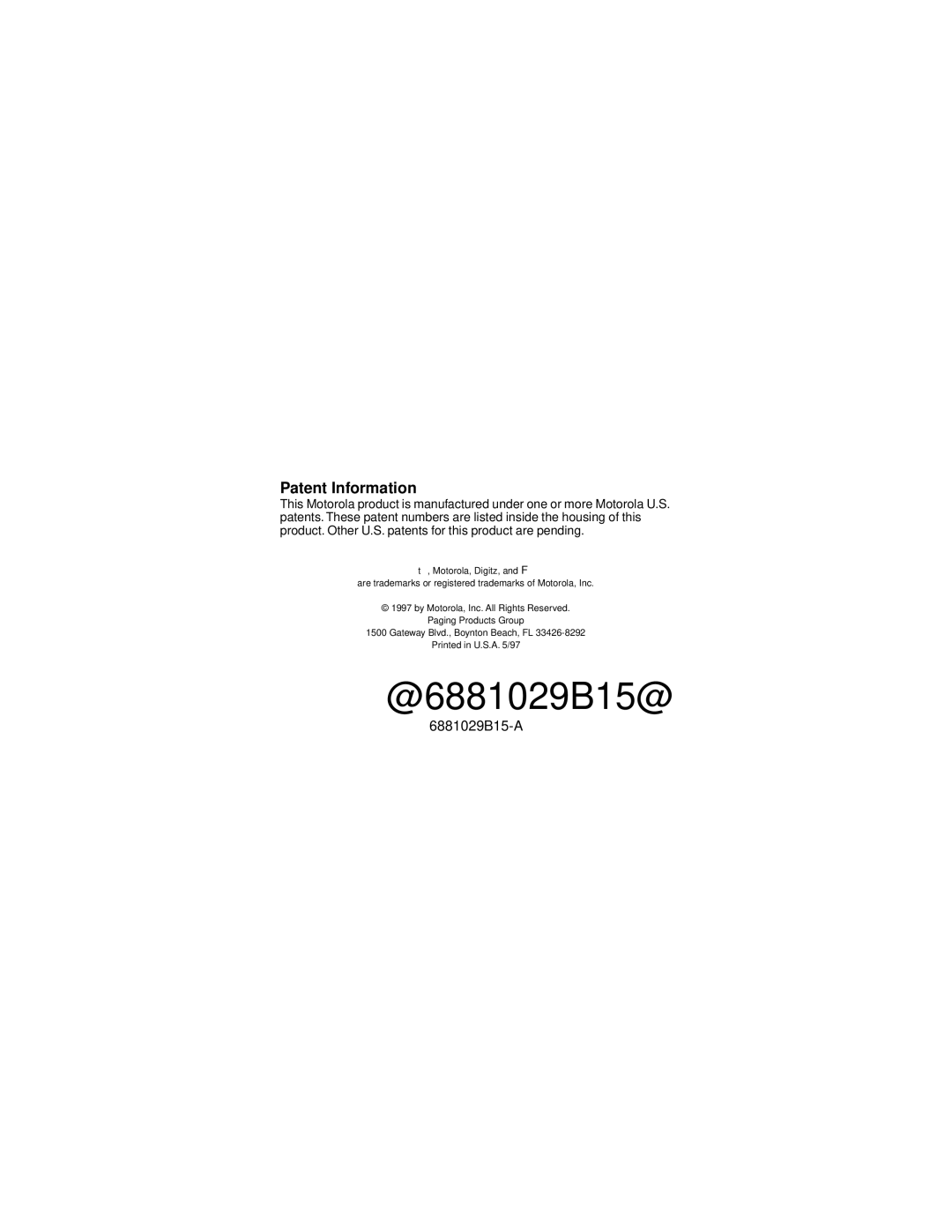 Motorola 6881029B15-A manual @6881029B15@, Patent Information 