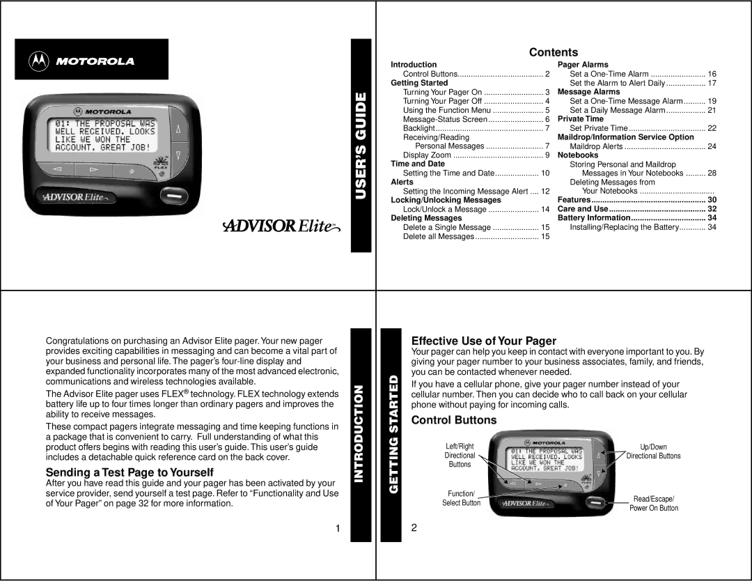 Motorola 6881029B40-A manual Sending a Test Page to Yourself, Contents, Effective Use of Your Pager, Control Buttons 