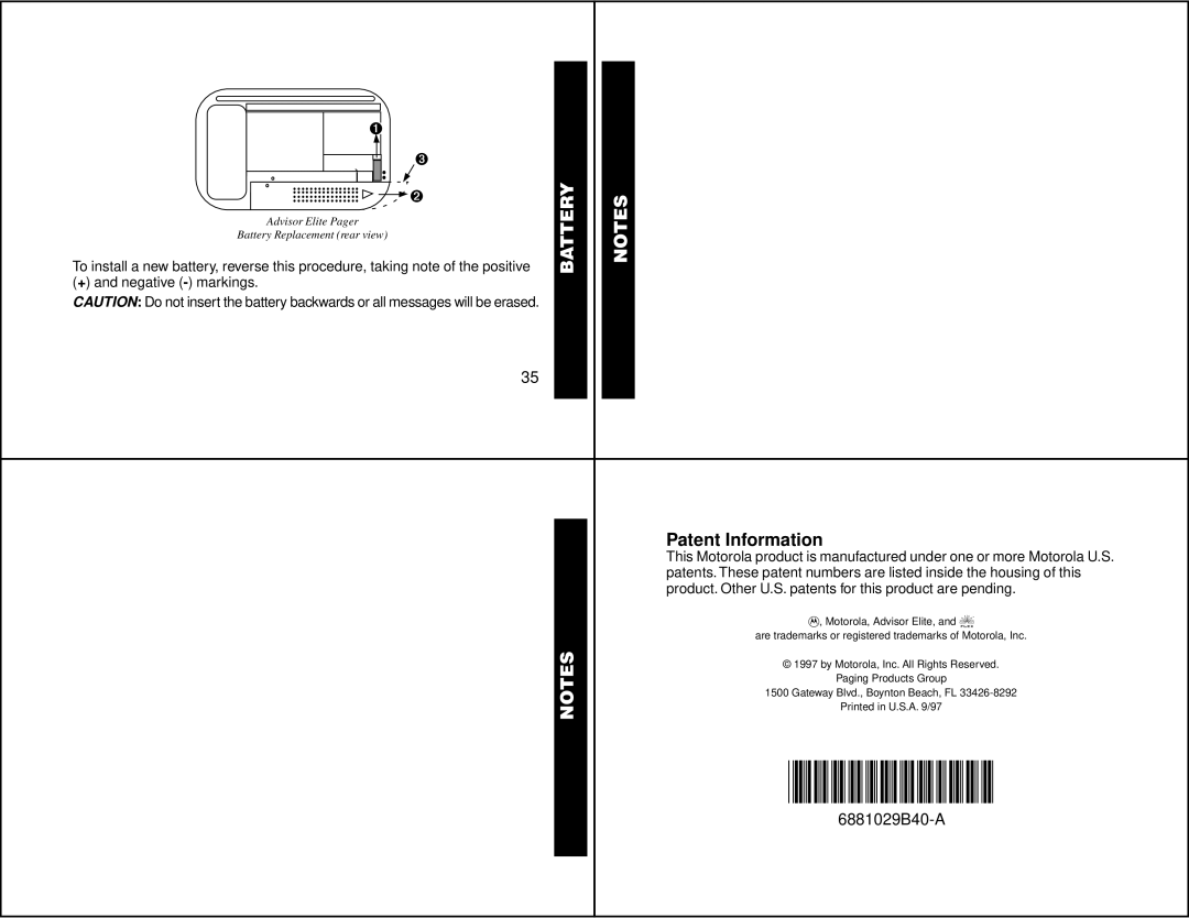 Motorola 6881029B40-A manual @6881029B40@, Patent Information 