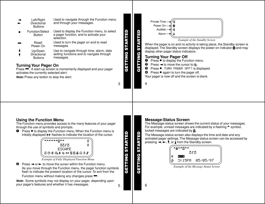 Motorola 6881029B40-A manual Turning Your Pager On, Using the Function Menu, Getting Started, Turning Your Pager Off 