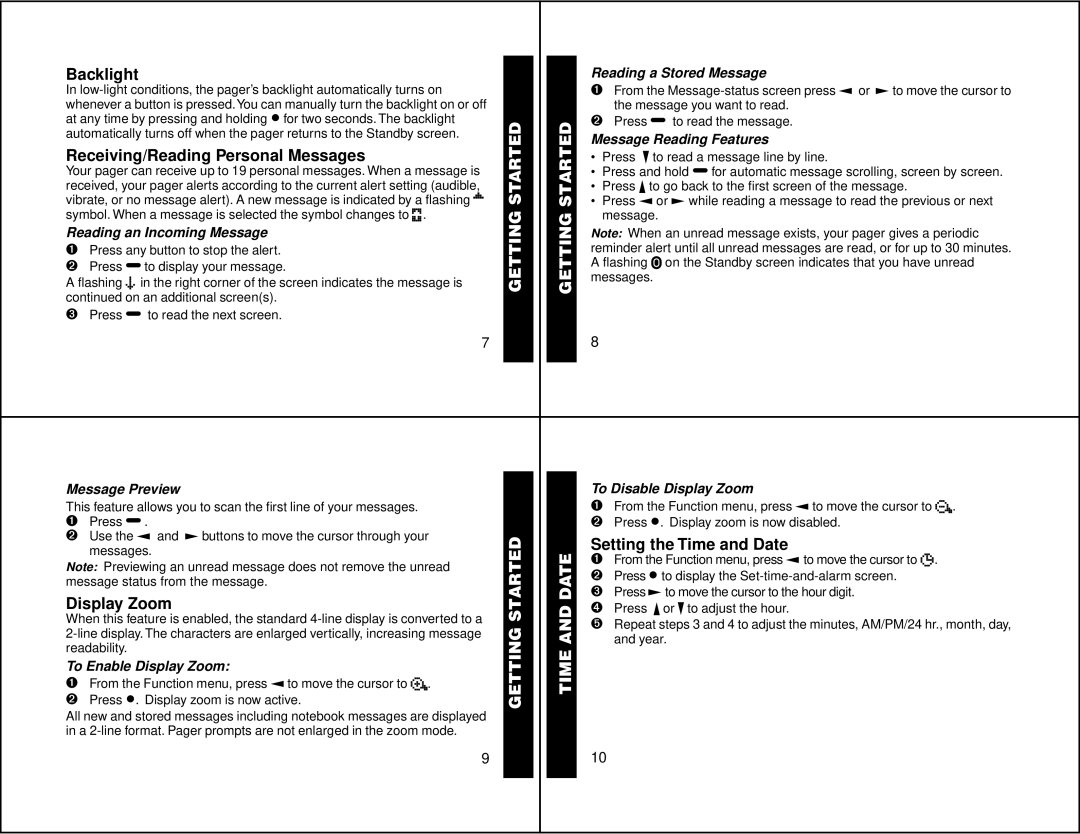 Motorola 6881029B40-A manual Backlight, Receiving/Reading Personal Messages, Display Zoom, Getting Started Time and Date 