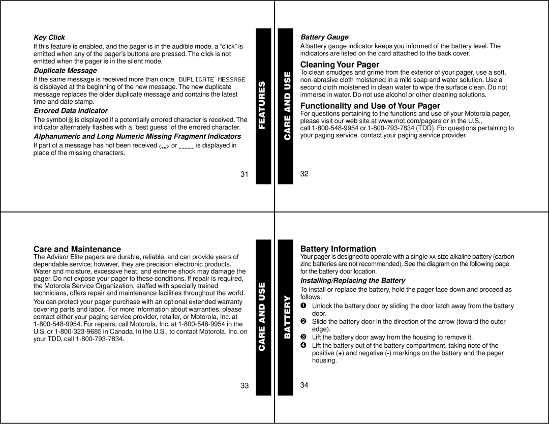 Motorola 6881029B40-A manual Care and Maintenance, Features Care and USE Battery, Cleaning Your Pager, Battery Information 