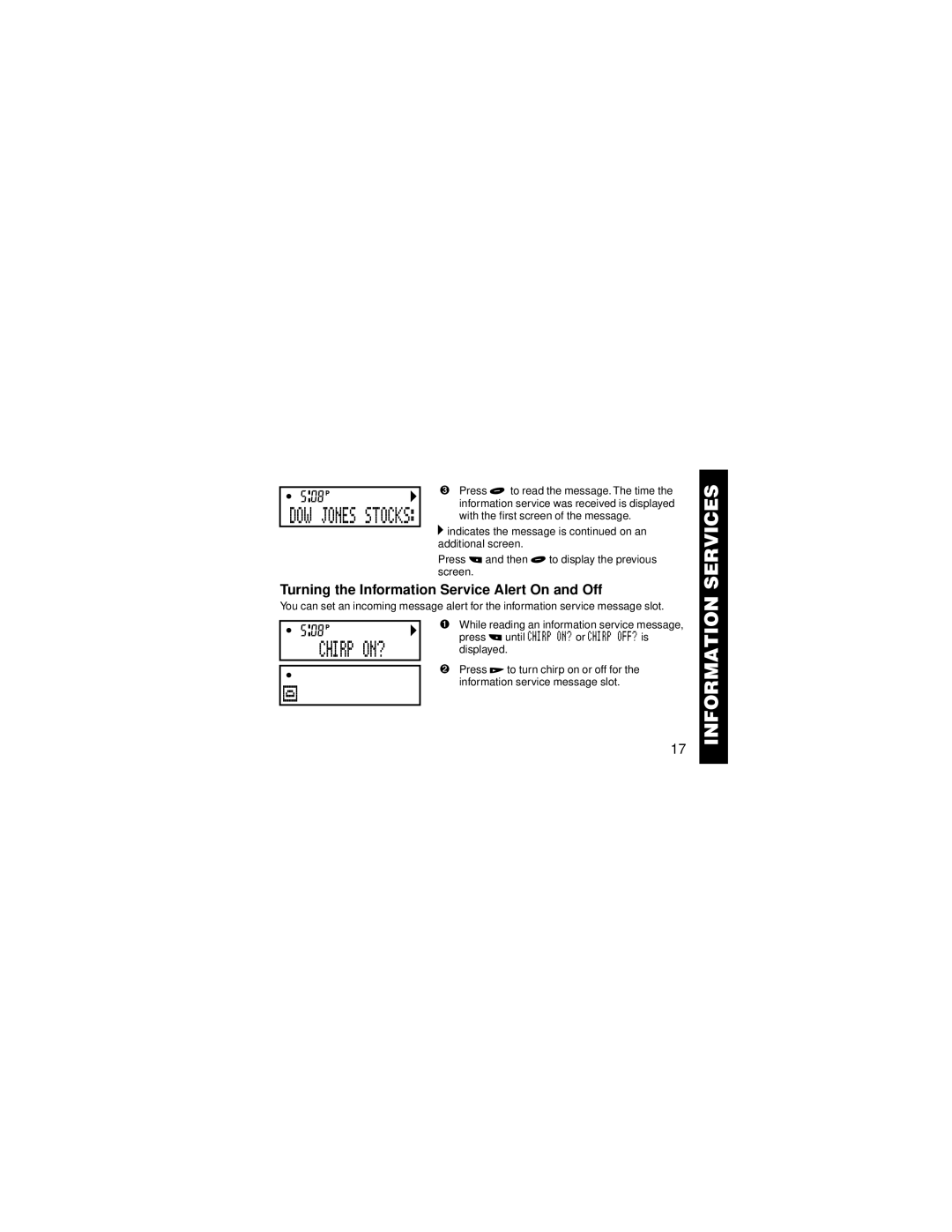 Motorola 6881031B05-O manual DOW Jones Stocks, Chirp ON?, Turning the Information Service Alert On and Off 