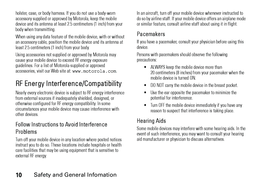 Motorola 6887460Z69 RF Energy Interference/Compatibility, Follow Instructions to Avoid Interference Problems, Pacemakers 