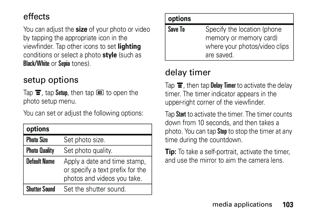 Motorola 6887460Z69 manual Effects, Setup options, Delay timer 