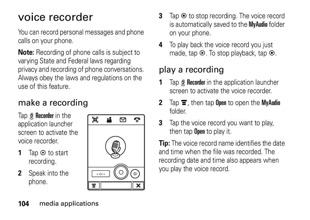 Motorola 6887460Z69 manual Voice recorder, Make a recording, Play a recording 