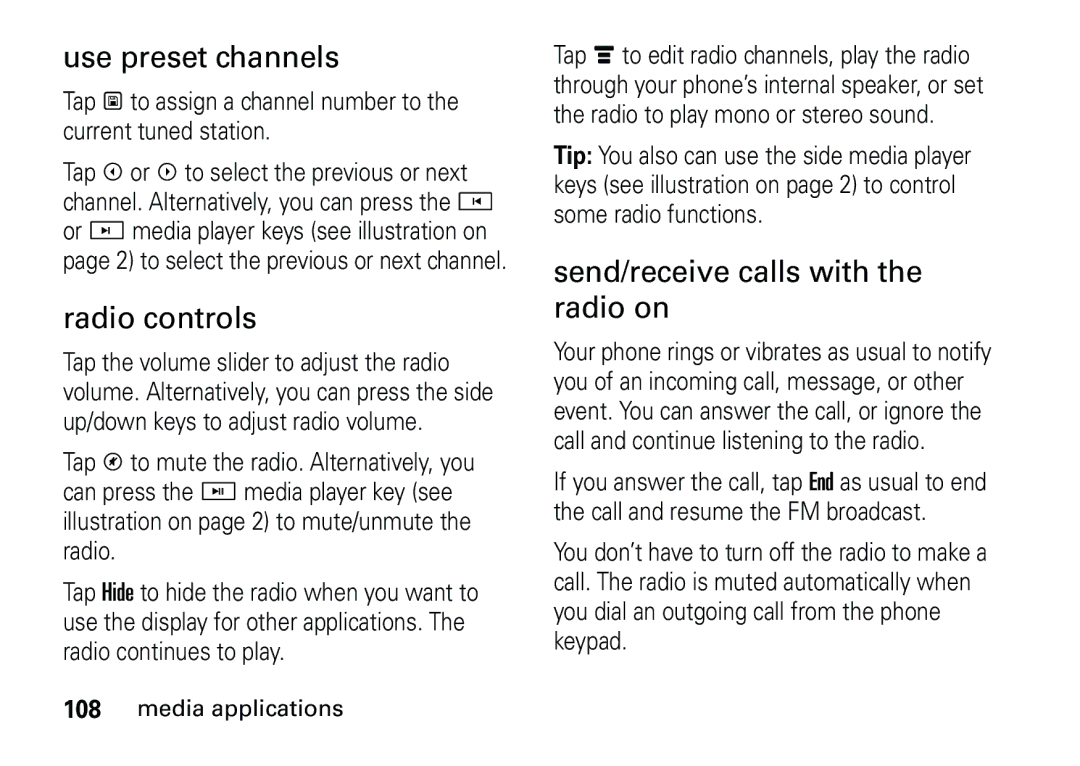 Motorola 6887460Z69 manual Use preset channels, Radio controls, Send/receive calls with the radio on 