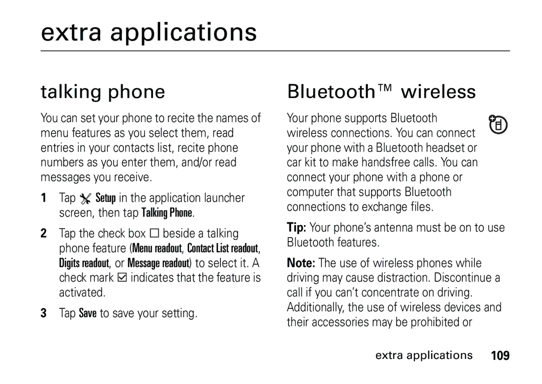 Motorola 6887460Z69 manual Extra applications, Talking phone, Bluetooth wireless 