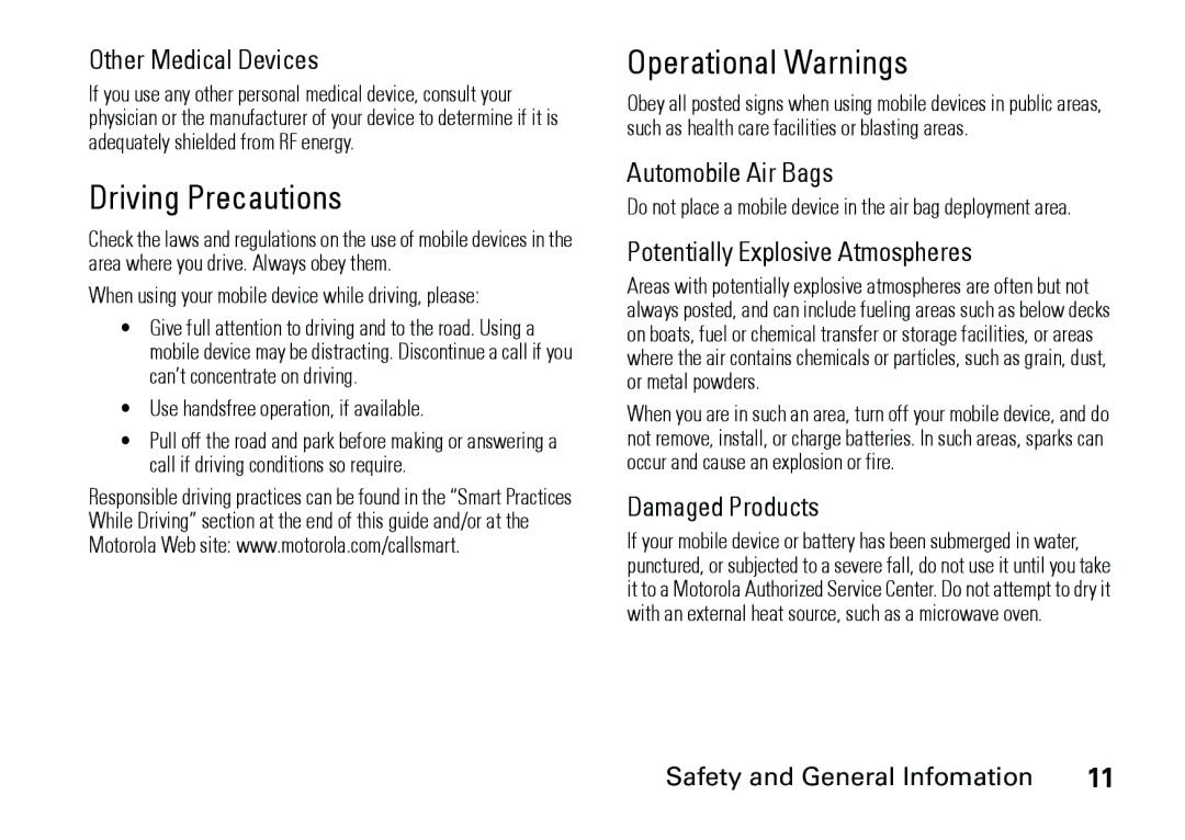 Motorola 6887460Z69 manual Driving Precautions, Operational Warnings 