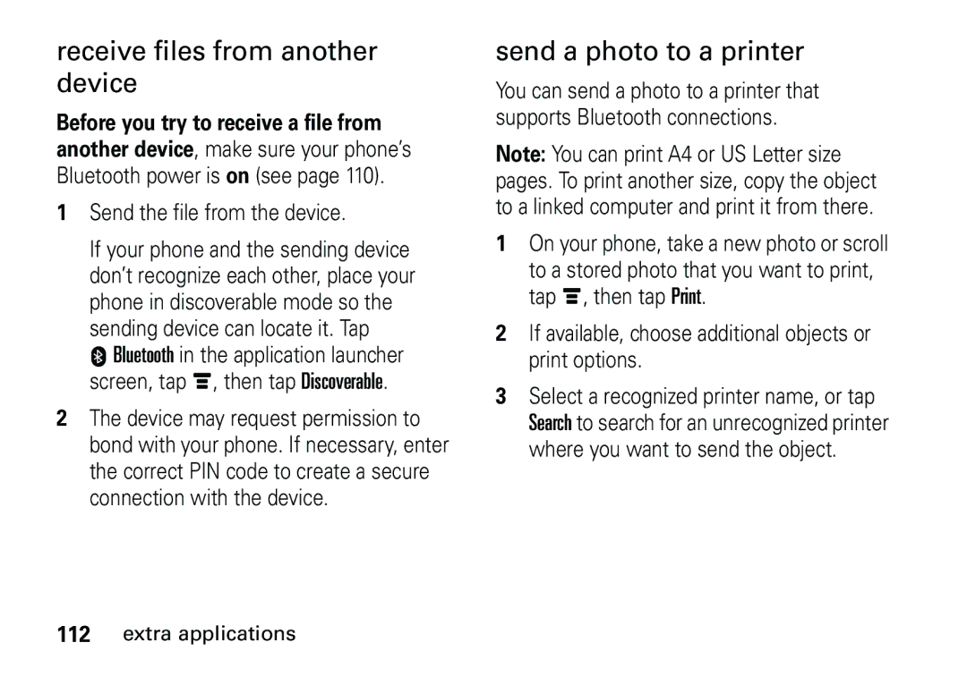 Motorola 6887460Z69 Receive files from another device, Send a photo to a printer, Before you try to receive a file from 