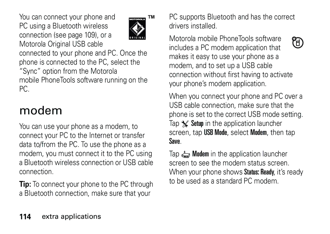 Motorola 6887460Z69 manual Modem, Save 