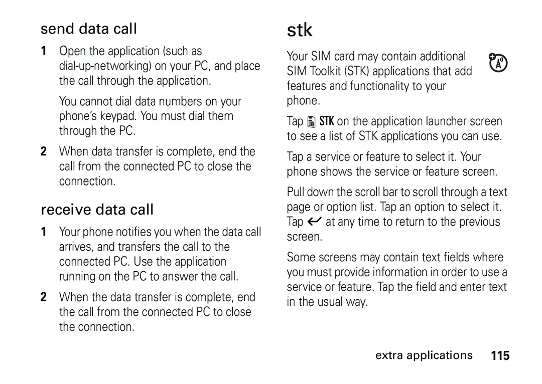 Motorola 6887460Z69 manual Stk, Send data call, Receive data call 