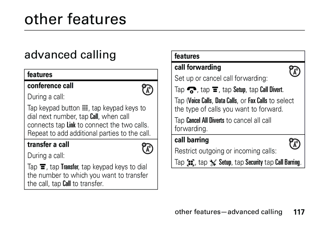 Motorola 6887460Z69 manual Other features, Advanced calling 