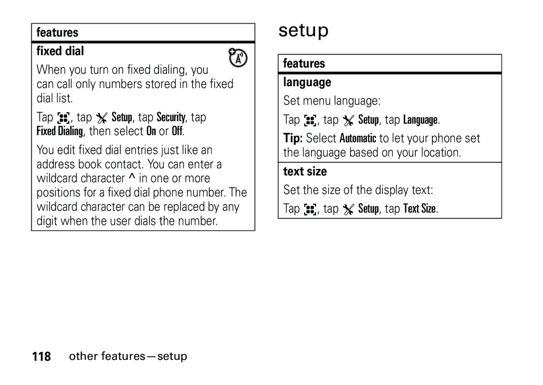 Motorola 6887460Z69 manual Setup, Other features-setup, Features Fixed dial, Features Language, Text size 