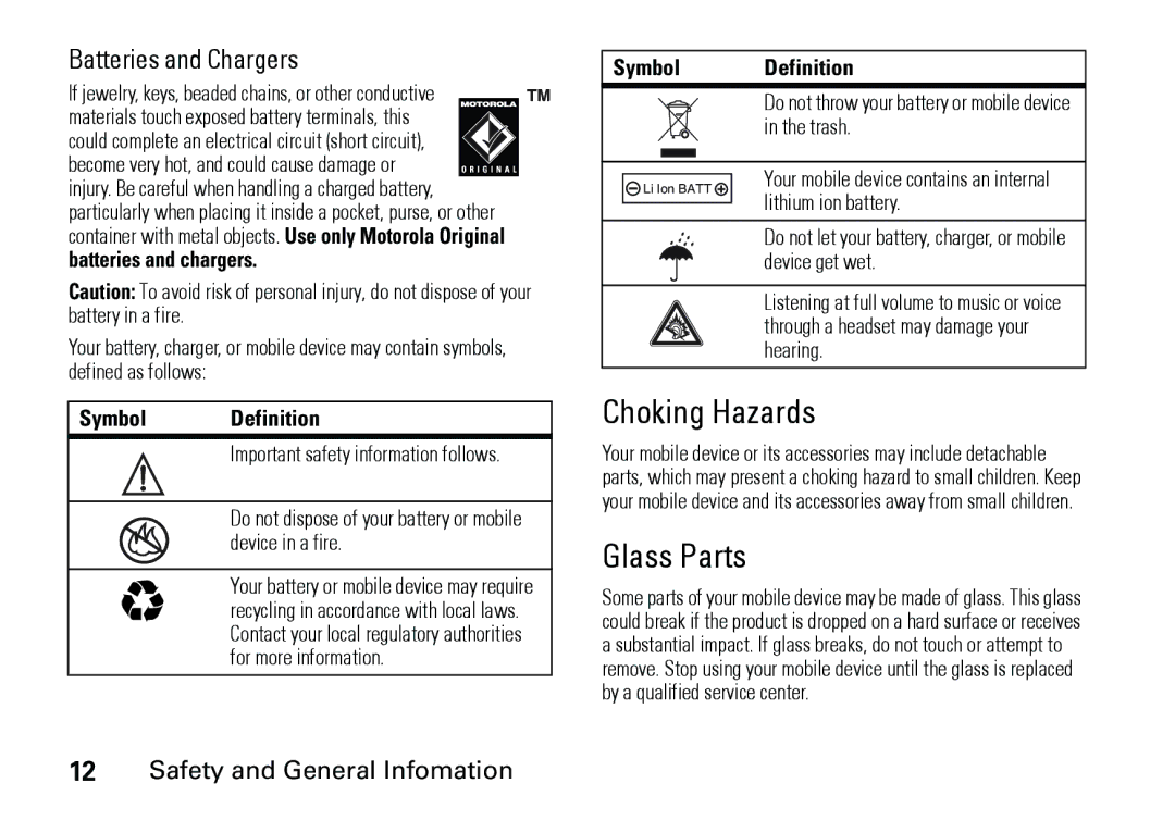 Motorola 6887460Z69 manual Choking Hazards, Glass Parts, Batteries and Chargers, Symbol Definition 