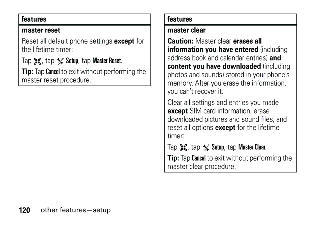 Motorola 6887460Z69 manual Features Master reset, Features Master clear 