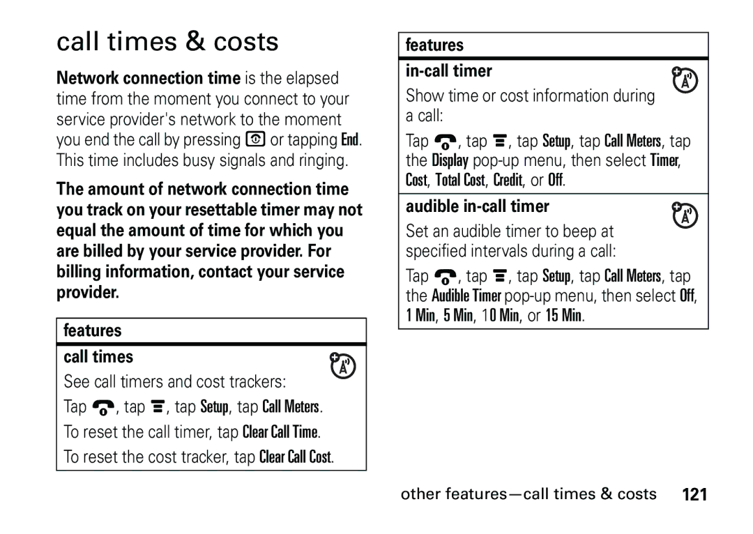 Motorola 6887460Z69 Call times & costs, Other features-call times & costs, Features In-call timer, Audible in-call timer 