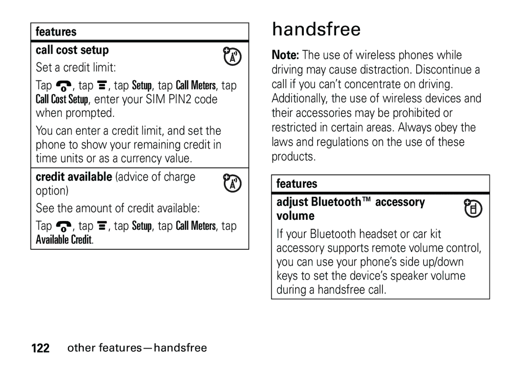 Motorola 6887460Z69 manual Handsfree, Other features-handsfree, Features Call cost setup 