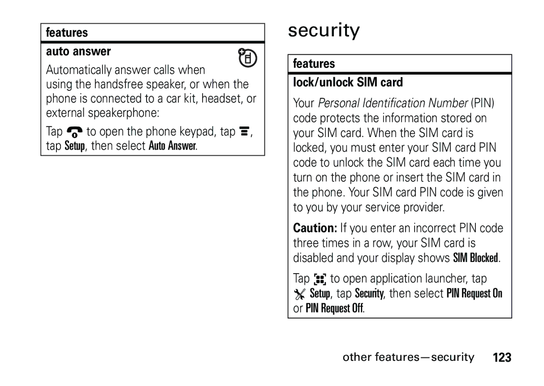 Motorola 6887460Z69 manual Security, Other features-security, Features Auto answer, Features Lock/unlock SIM card 