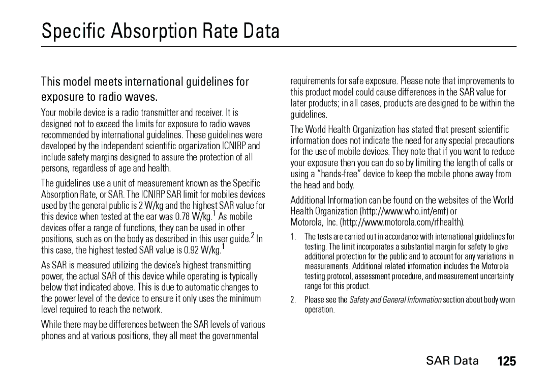 Motorola 6887460Z69 manual Specific Absorption Rate Data, SAR Data 