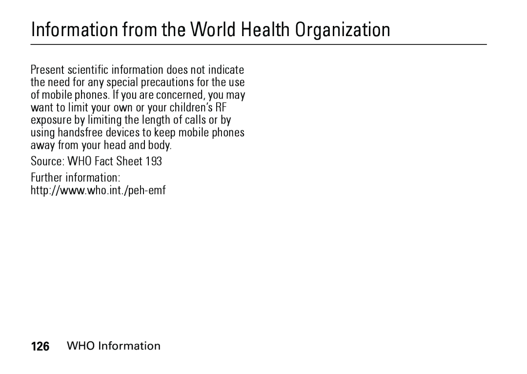 Motorola 6887460Z69 manual Information from the World Health Organization, Source WHO Fact Sheet, WHO Information 