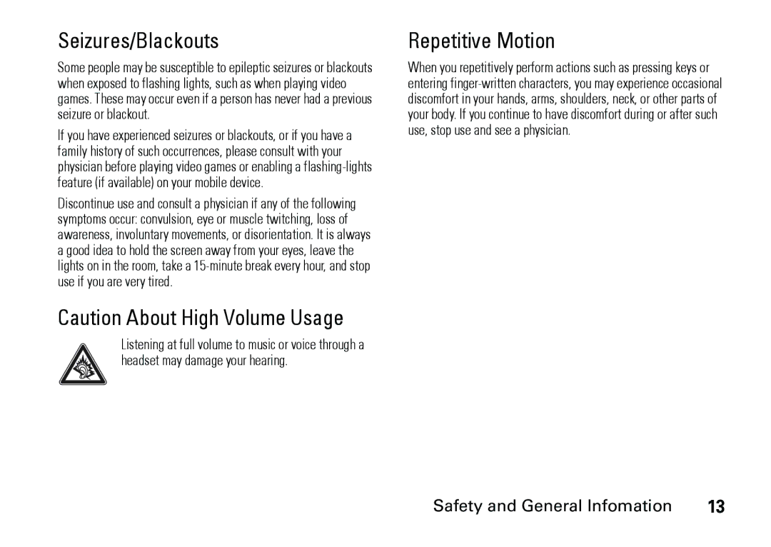 Motorola 6887460Z69 manual Seizures/Blackouts, Repetitive Motion 