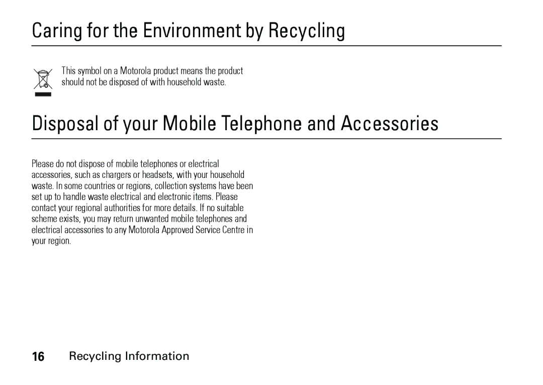 Motorola 6887460Z69 manual Caring for the Environment by Recycling, Disposal of your Mobile Telephone and Accessories 