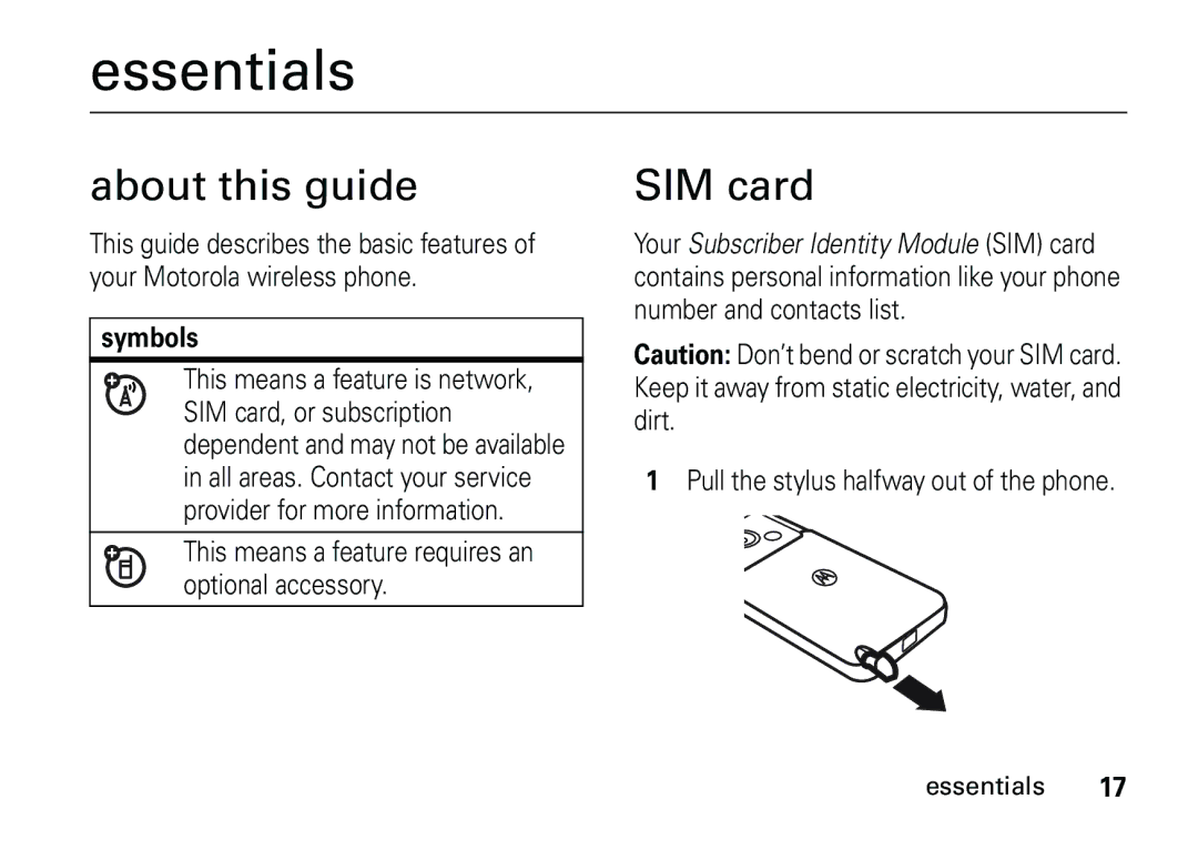 Motorola 6887460Z69 manual Essentials, About this guide, SIM card, Symbols 