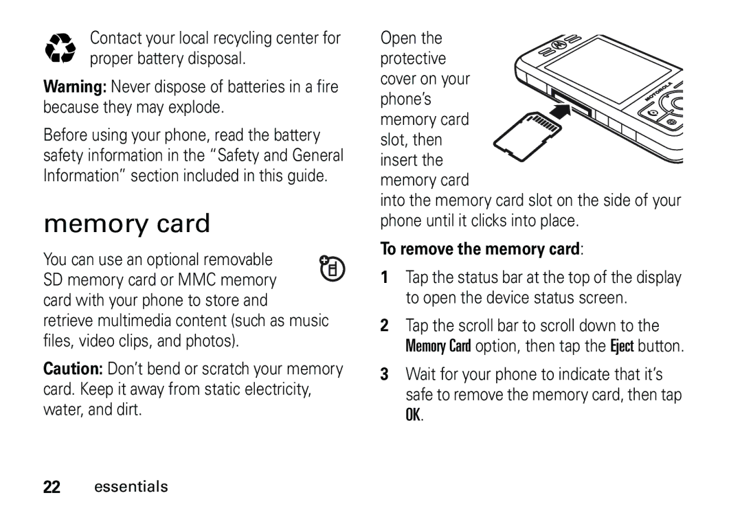 Motorola 6887460Z69 manual Memory card, To remove the memory card 