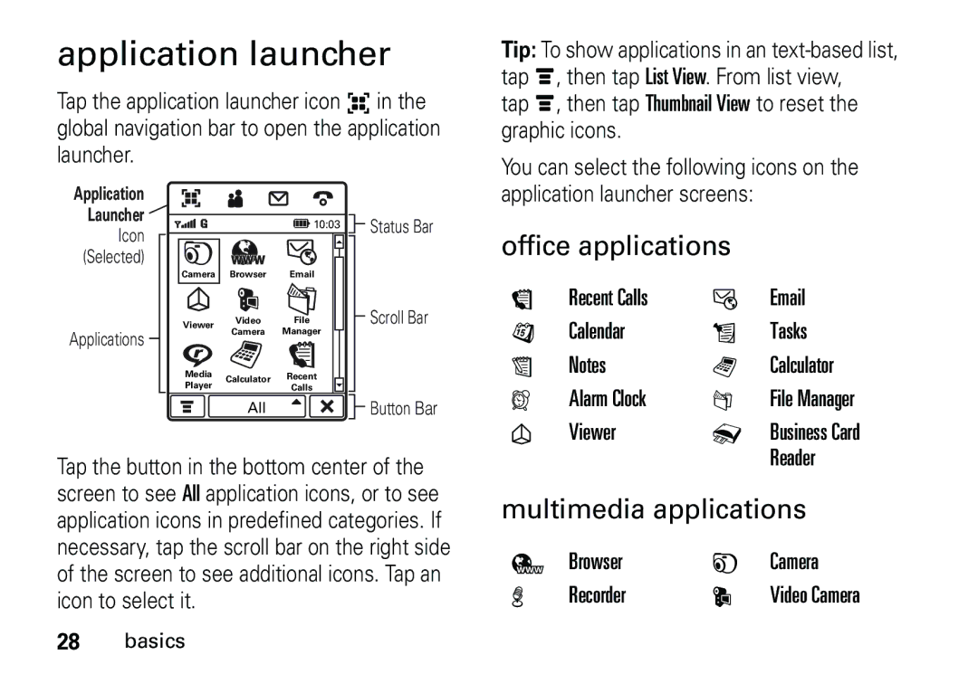 Motorola 6887460Z69 manual Application launcher, Office applications, Multimedia applications 