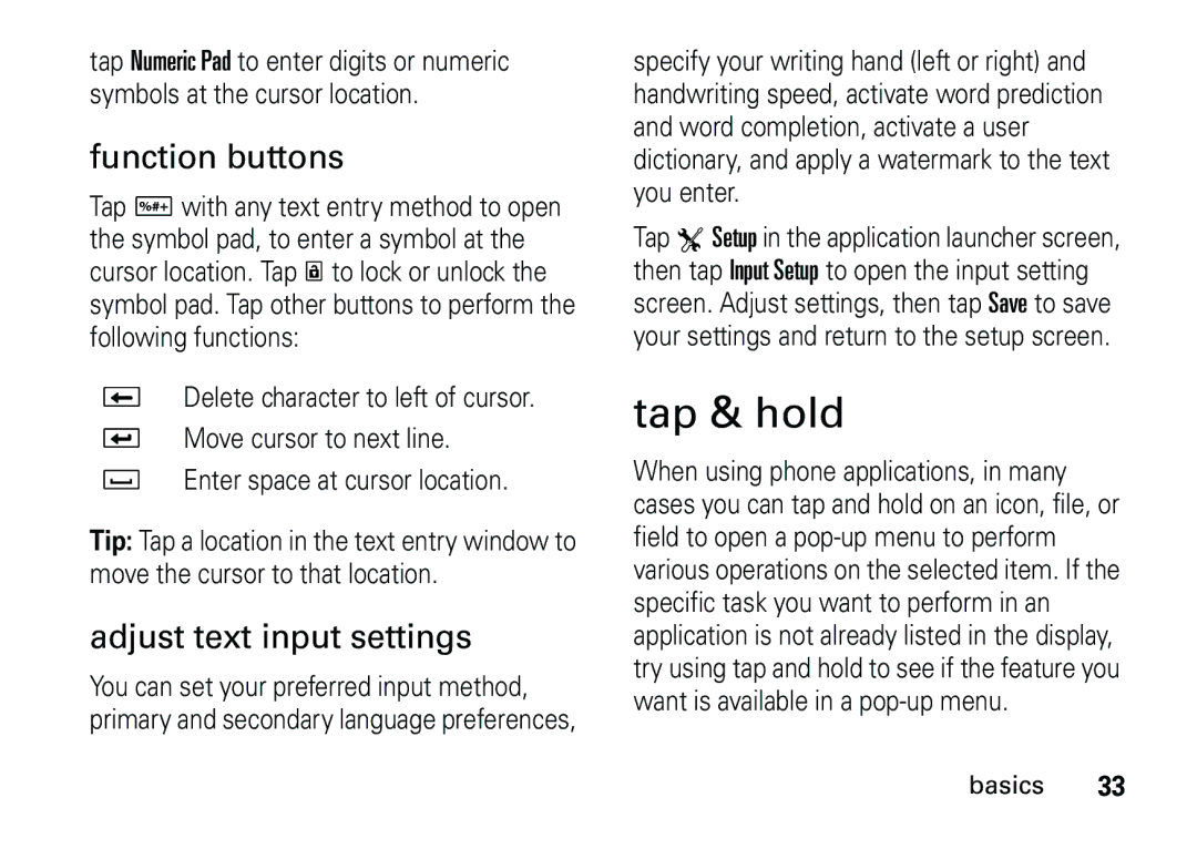 Motorola 6887460Z69 manual Tap & hold, Function buttons, Adjust text input settings 