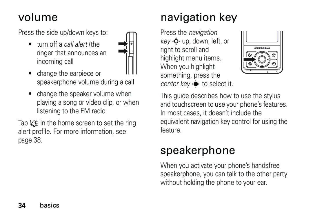 Motorola 6887460Z69 manual Volume, Navigation key, Speakerphone 