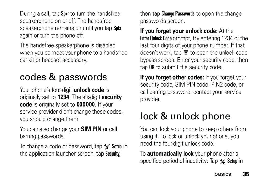 Motorola 6887460Z69 manual Codes & passwords, Lock & unlock phone, If you forget your unlock code At 