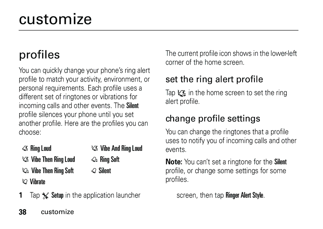 Motorola 6887460Z69 manual Customize, Profiles, Set the ring alert profile, Change profile settings 