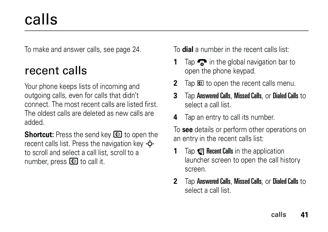 Motorola 6887460Z69 manual Calls, Recent calls 