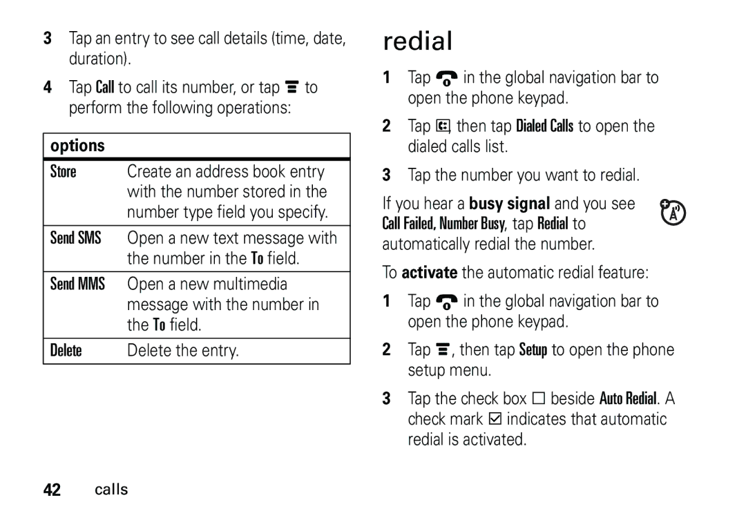 Motorola 6887460Z69 manual Redial, Options 