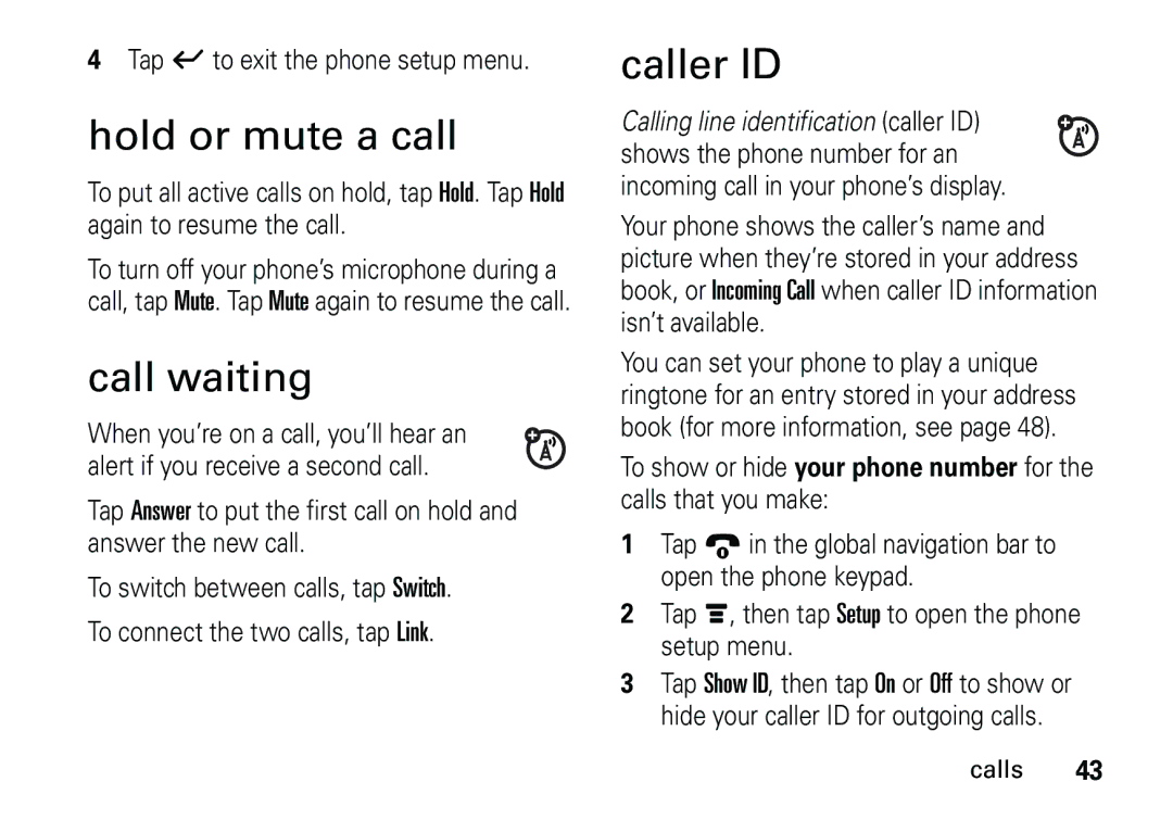 Motorola 6887460Z69 manual Hold or mute a call, Call waiting, Caller ID 