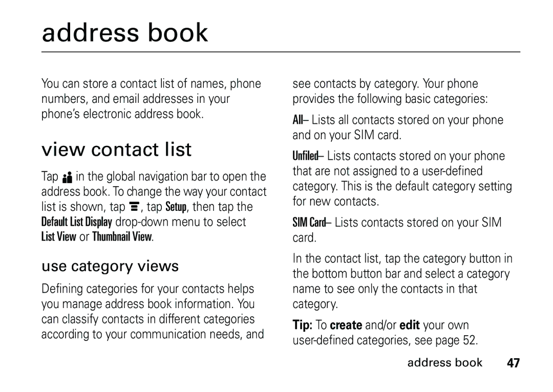 Motorola 6887460Z69 manual Address book, View contact list, Use category views 