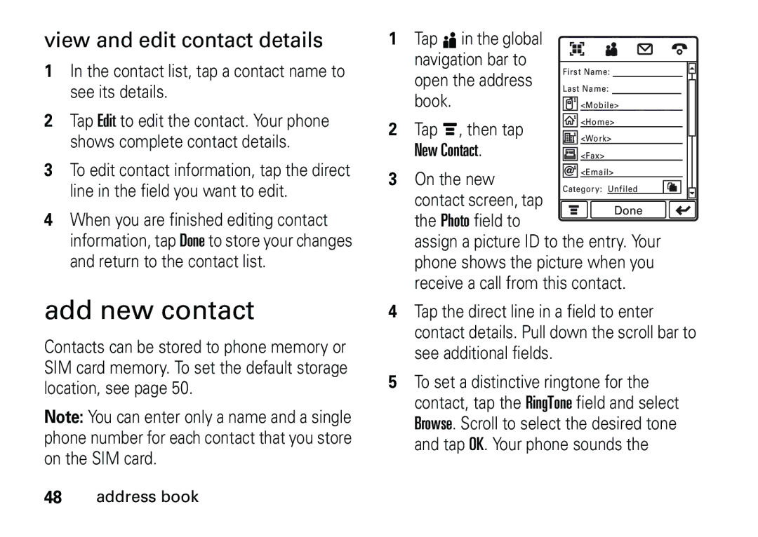 Motorola 6887460Z69 Add new contact, View and edit contact details, New Contact, When you are finished editing contact 