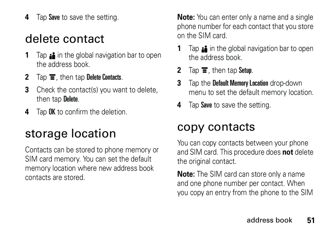 Motorola 6887460Z69 manual Delete contact, Storage location, Copy contacts 
