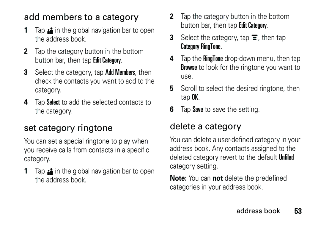 Motorola 6887460Z69 manual Add members to a category, Set category ringtone, Delete a category, Category RingTone 