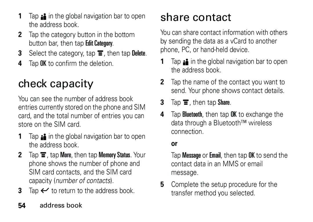 Motorola 6887460Z69 manual Check capacity, Share contact 