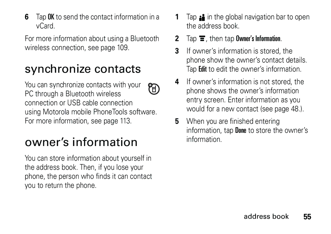 Motorola 6887460Z69 manual Synchronize contacts, Owner’s information, Tap é, then tap Owner’s Information 