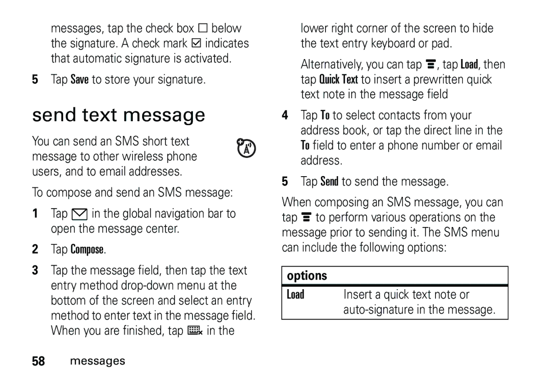 Motorola 6887460Z69 manual Send text message, Tap Compose, Load 