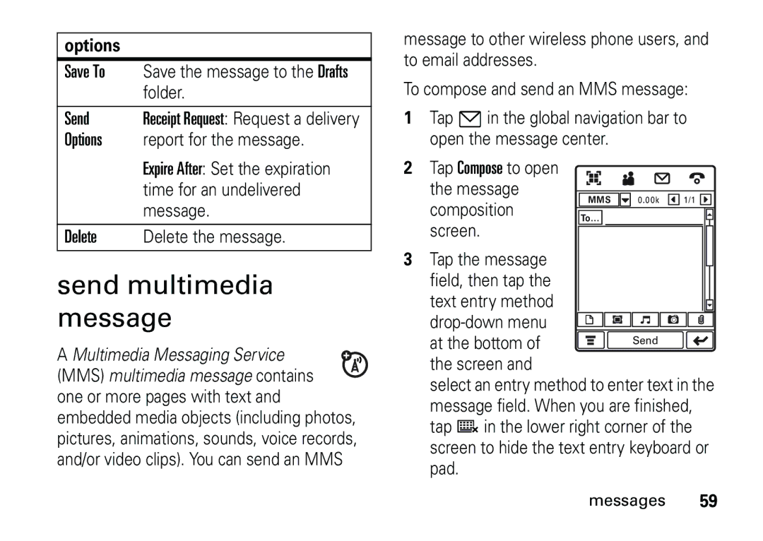 Motorola 6887460Z69 manual Send multimedia message, Save To, Options, Delete 