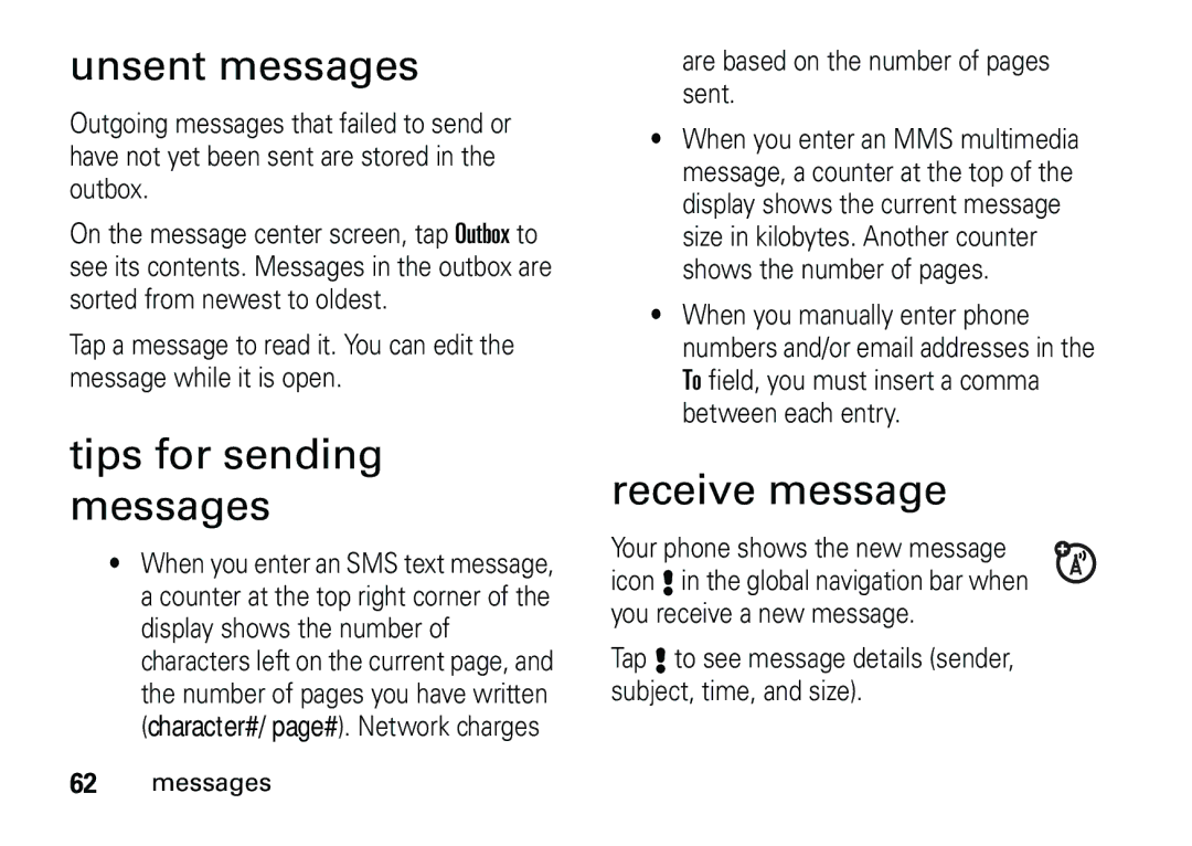 Motorola 6887460Z69 manual Unsent messages, Tips for sending messages, Receive message 