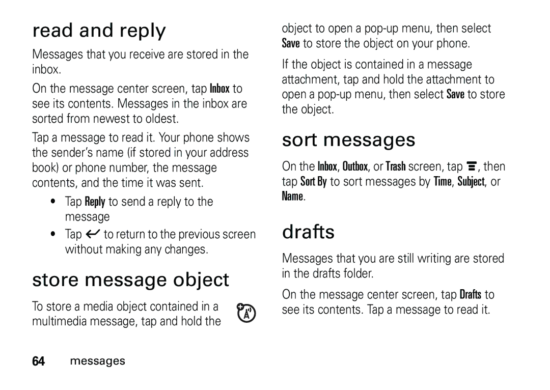 Motorola 6887460Z69 manual Read and reply, Store message object, Sort messages, Drafts 