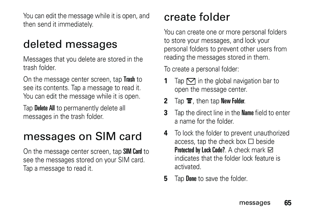 Motorola 6887460Z69 manual Deleted messages, Messages on SIM card, Create folder 