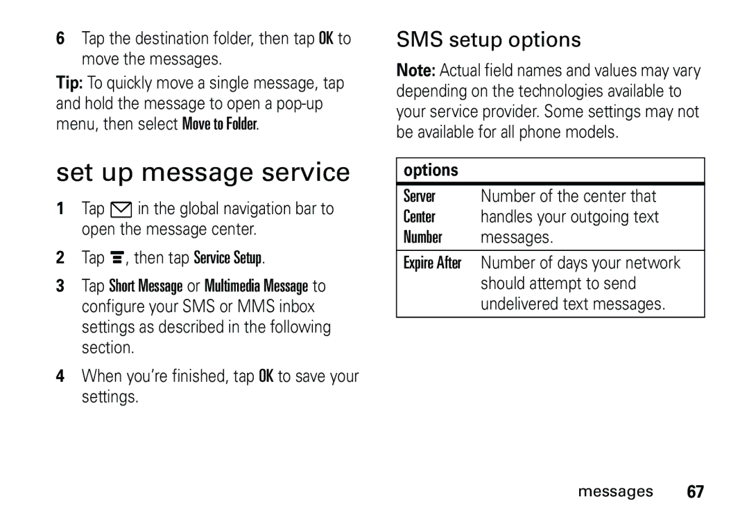 Motorola 6887460Z69 manual Set up message service, SMS setup options 